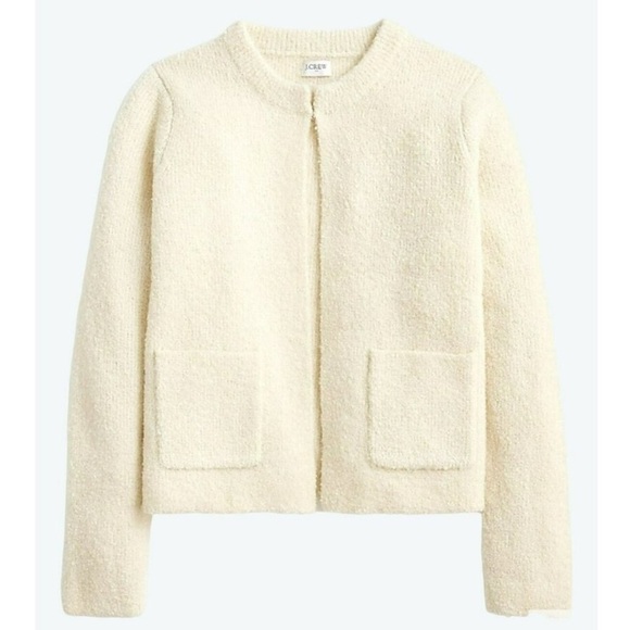 J.Crew Factory Sz M Boucle Cardigan Sweater Ivory Pockets Poly/Wool/Alpaca - Picture 1 of 11